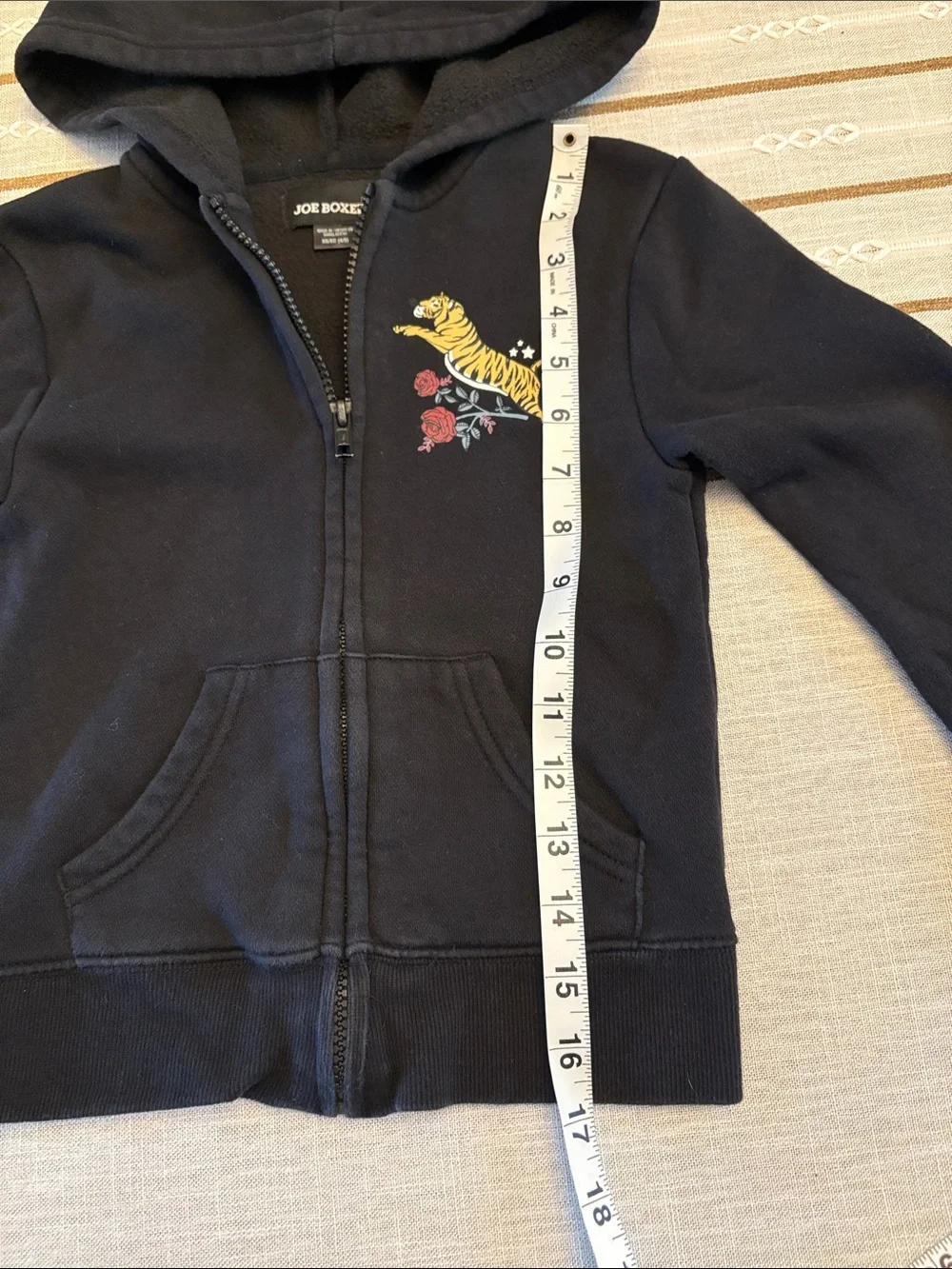 Joe Boxer Black Zip Hoodie with Tiger and Red Rose, Size XS